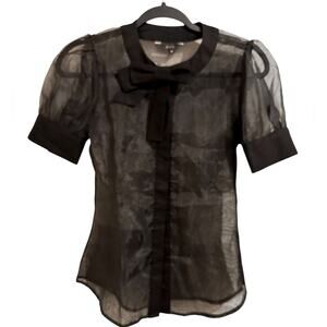 Envy Collection Black Sheer Button Front Top Bow Tie Front Puff Short Sleeve, M